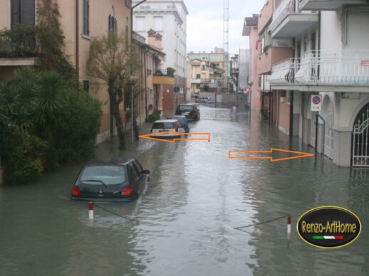 area-allagamenti-frequenti Strada allagata nella zona del caso studio con indicazioni del flusso dell'acqua