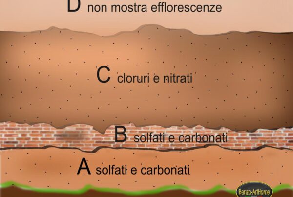 Schema della distribuzione verticale dei sali in una muratura con risalita: zone A, B, C, D