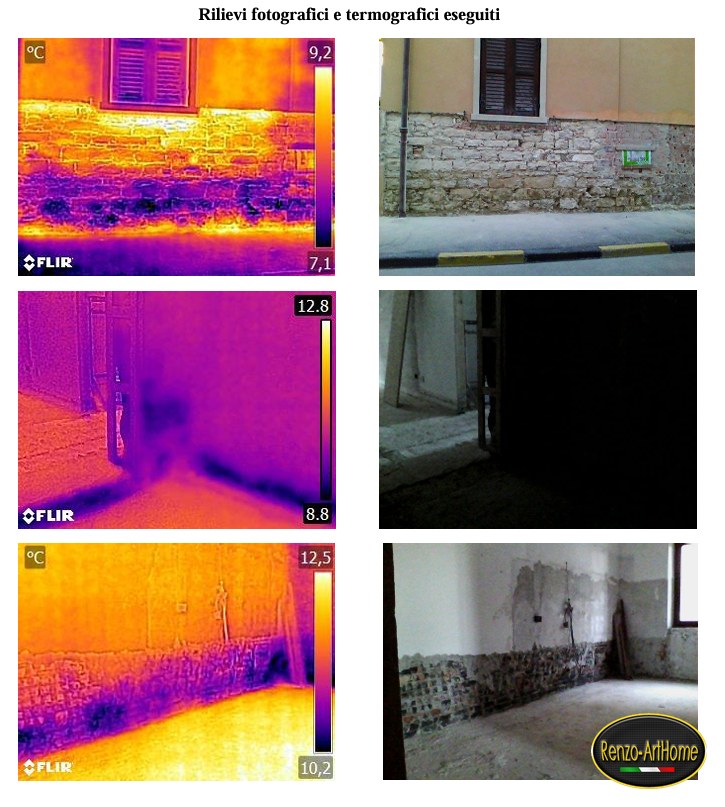 Collage di rilievi fotografici e termografici su una facciata umida