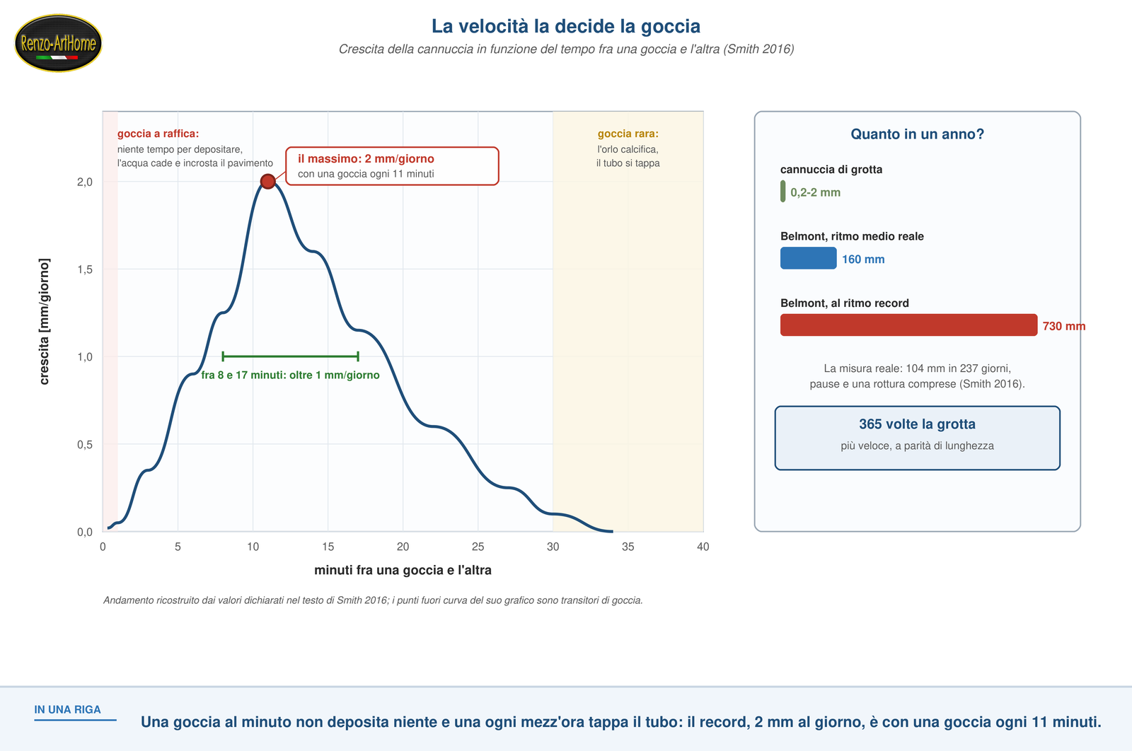 Curva della crescita in funzione del ritmo di goccia e confronto delle velocità con la grotta