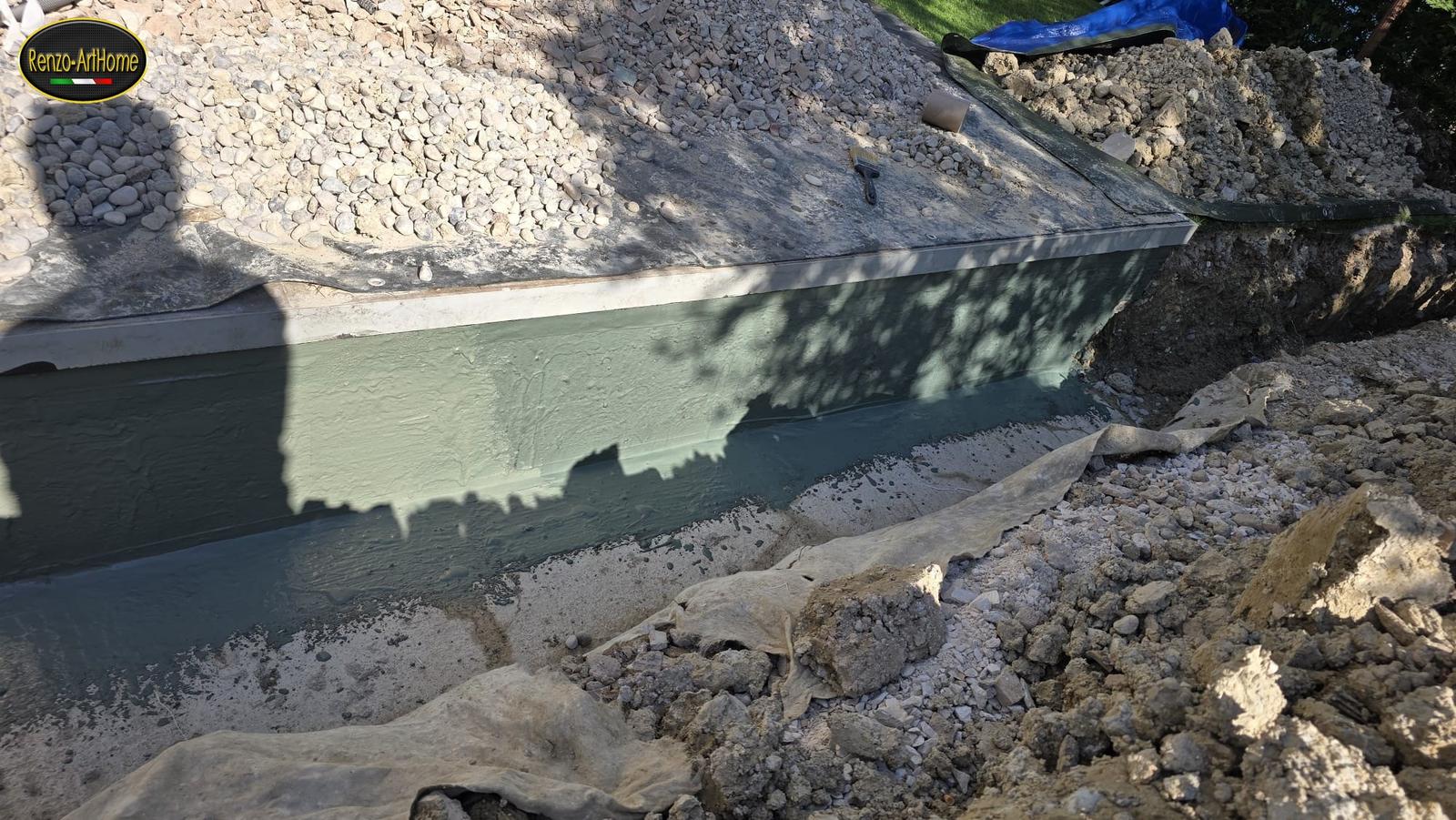 Muro di fondazione impermeabilizzato all'esterno, con lo strato continuo che risvolta fino sopra il piano del terreno, lo scavo aperto e la ghiaia accumulata a fianco