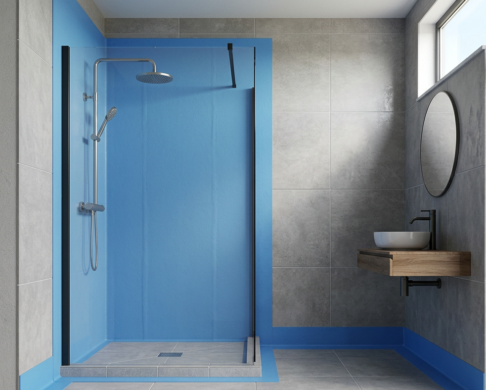 Un bagno in sezione con lo strato di tenuta in evidenza sotto il pavimento e sulle pareti della doccia