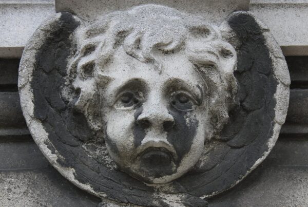 Testa d'angelo in pietra con le ali, su una tomba del cimitero del Père-Lachaise a Parigi: nere le parti riparate sotto gli occhi, intorno al naso e nell'incavo delle ali, chiare le parti in rilievo lavate dalla pioggia