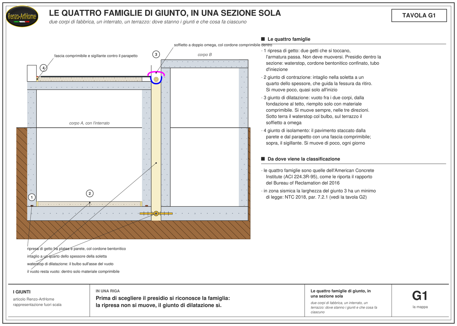 Sezione schematica di due corpi di fabbrica con interrato e terrazzo, con i quattro tipi di giunto numerati: ripresa di getto fra platea e parete, intaglio di contrazione nel pavimento, giunto di dilatazione fra i due corpi con il waterstop sotto terra e il soffietto sul terrazzo, giunto di isolamento fra pavimento e parapetto