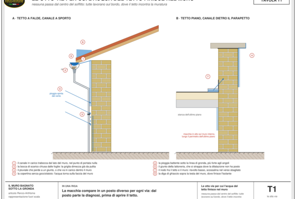 Sezione della gronda e del muro di una casa con le otto vie per cui l'acqua del tetto arriva nella muratura, numerate: il canale che trabocca dal lato del muro, la bocca di scarico ostruita, il pluviale che perde, la copertina senza gocciolatoio, la pioggia battente sotto la linea di gronda, il giunto della lattoneria, il raccordo fra la falda e il muro, la diga di ghiaccio sopra la testa del muro